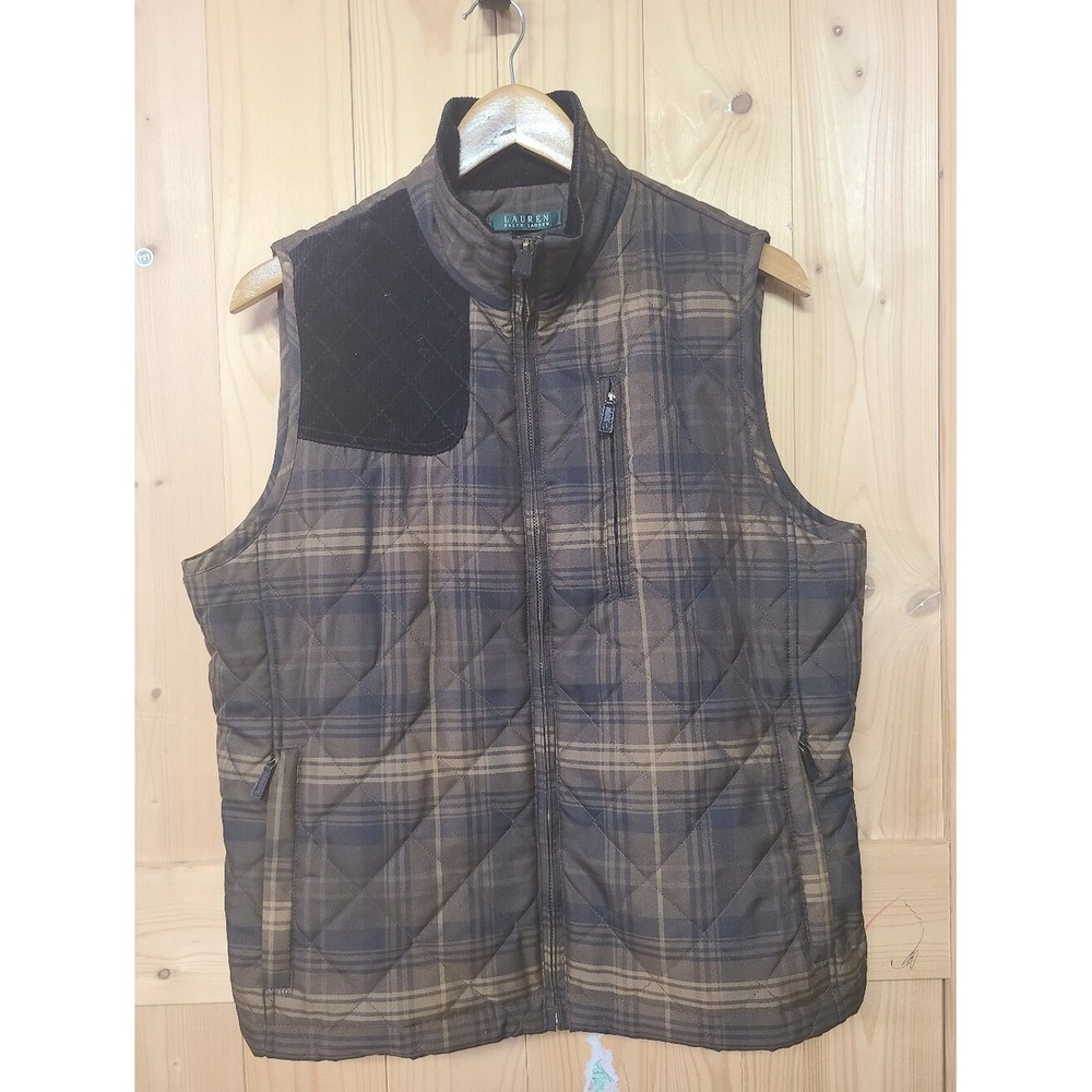 Lauren Ralph Lauren Quilted Vest Women XL Brown Plaid Corduroy Trim - Picture 7 of 8